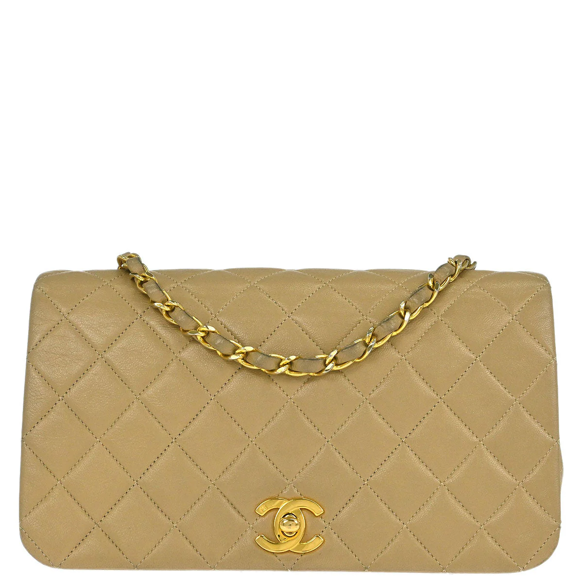 Chanel 1989-1991 Beige Lambskin Turnlock Small Full Flap Shoulder Bag