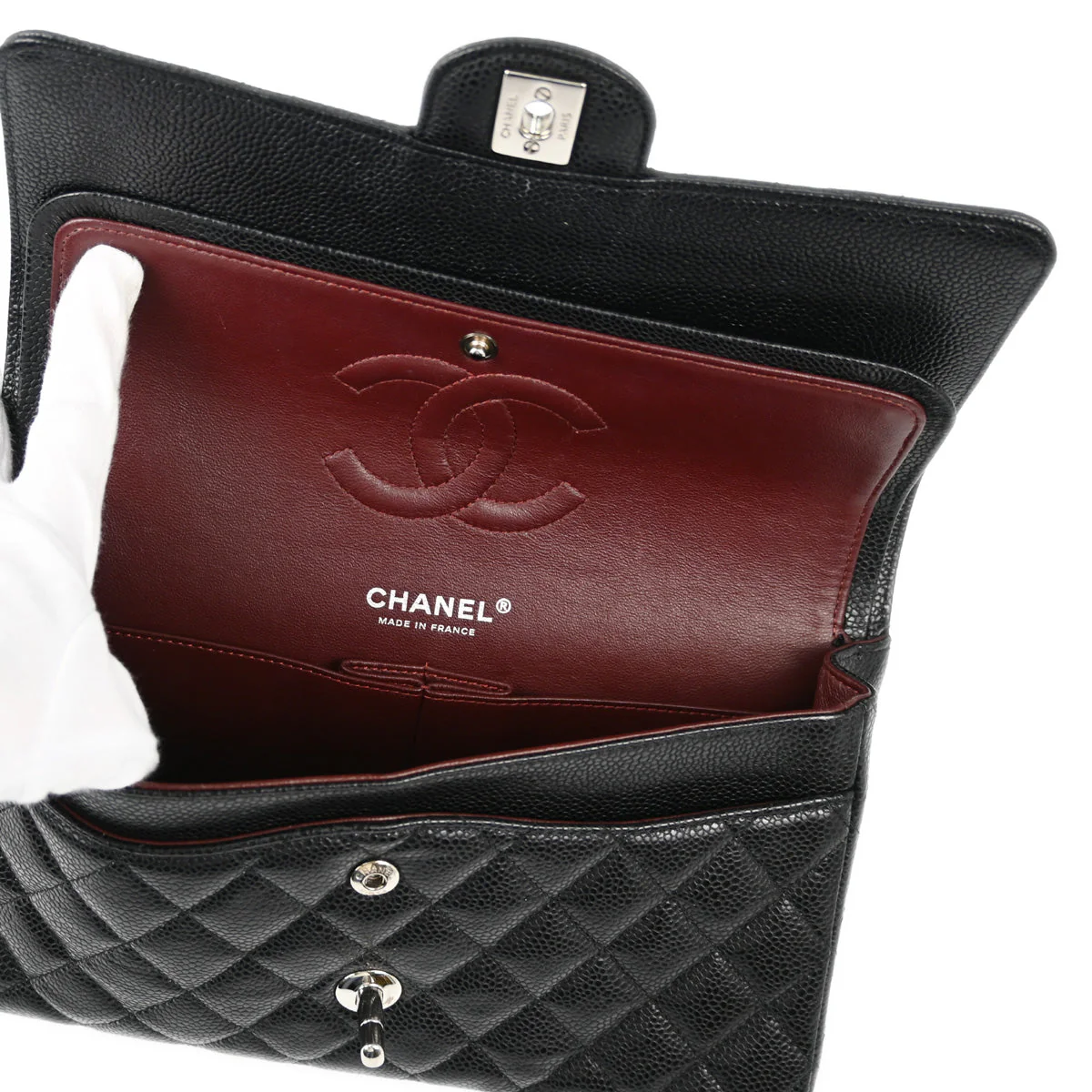 Chanel 2013-2014 Black Caviar Medium Classic Double Flap Shoulder Bag - Image 8