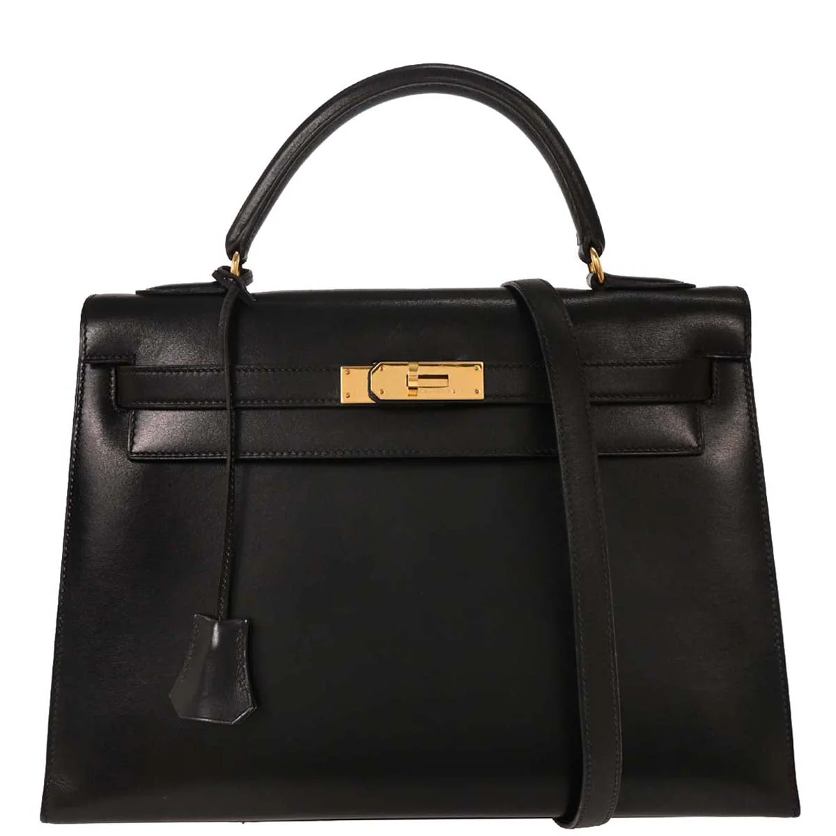 Hermes Black Box Calf Kelly 32 Sellier Handbag
