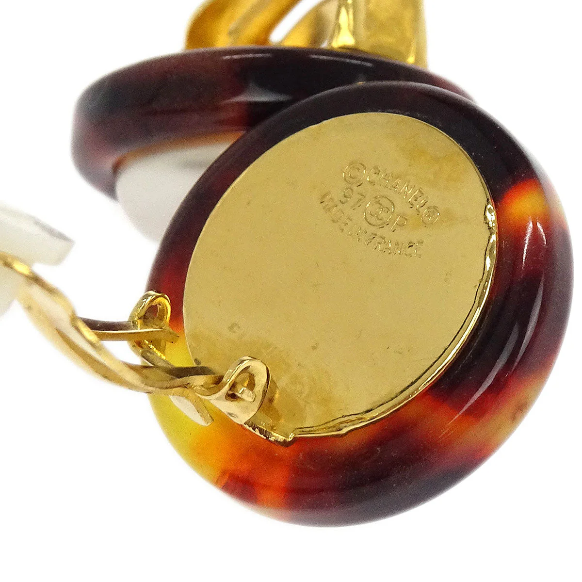 Chanel Button Earrings Clip-On Gold White Brown Costume Pearl 97P - Image 4