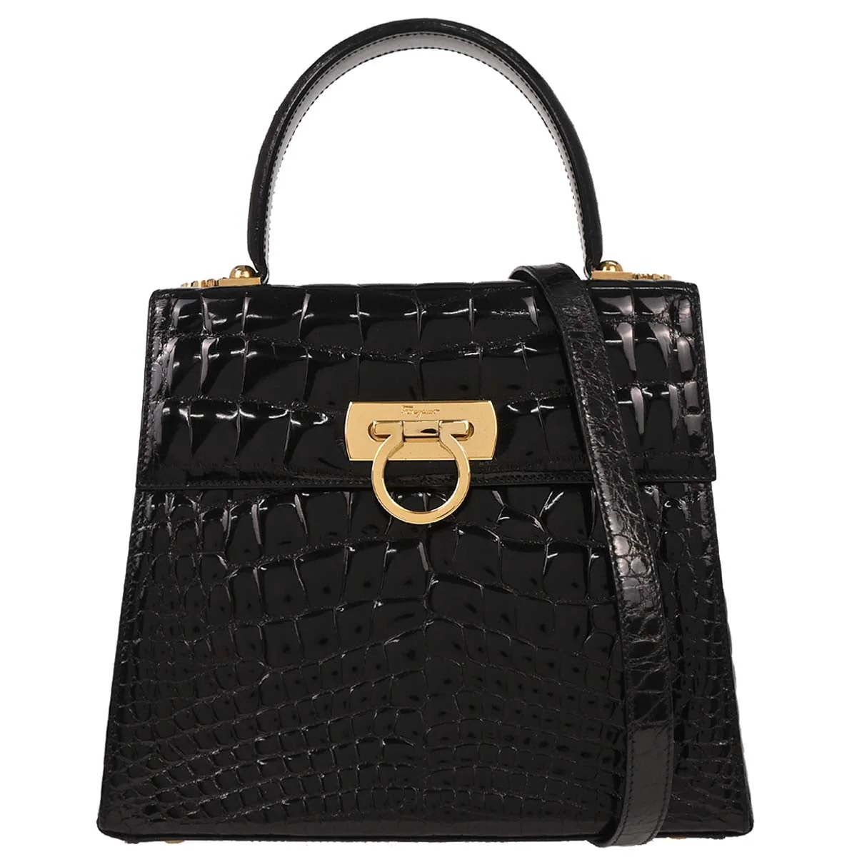 Salvatore Ferragamo * Black Crocodile Gancini 2way Shoulder Handbag