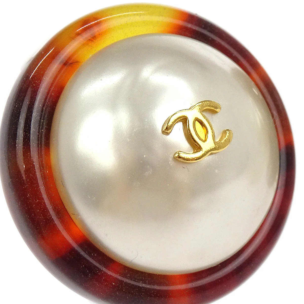 Chanel Button Earrings Clip-On Gold White Brown Costume Pearl 97P - Image 2