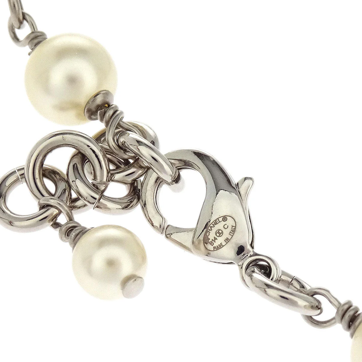Chanel CC Chain Pendant Necklace Silver Costume Pearl Rhinestone B14C - Image 4