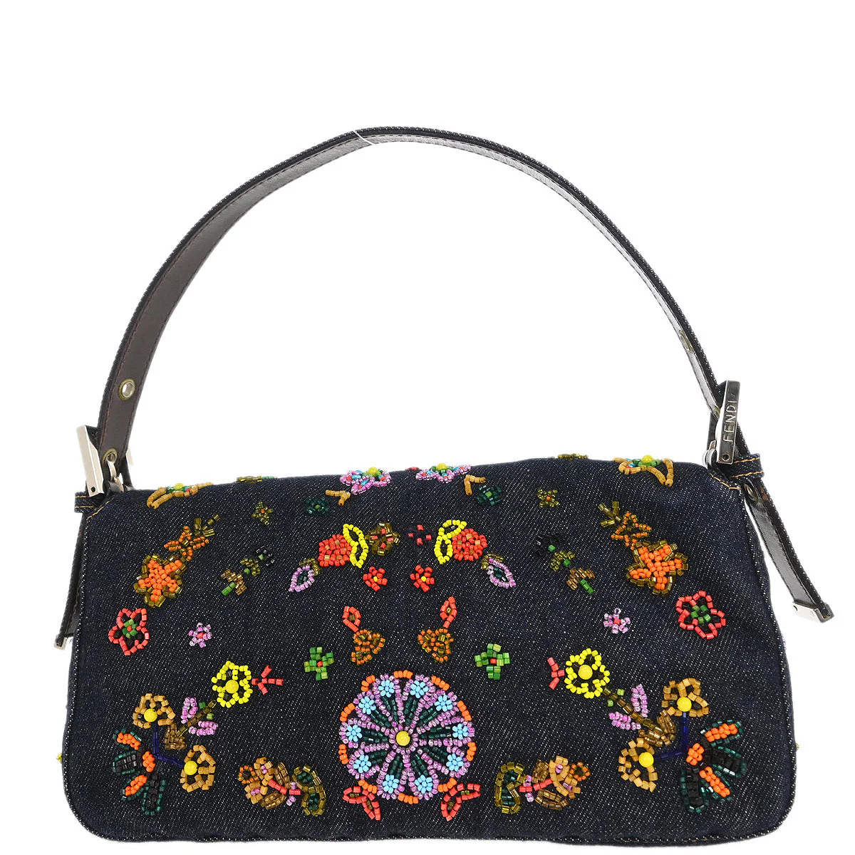 Fendi Navy Denim Beaded Baguette Handbag - Image 2