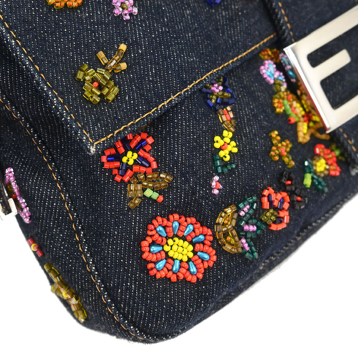 Fendi Navy Denim Beaded Baguette Handbag - Image 3