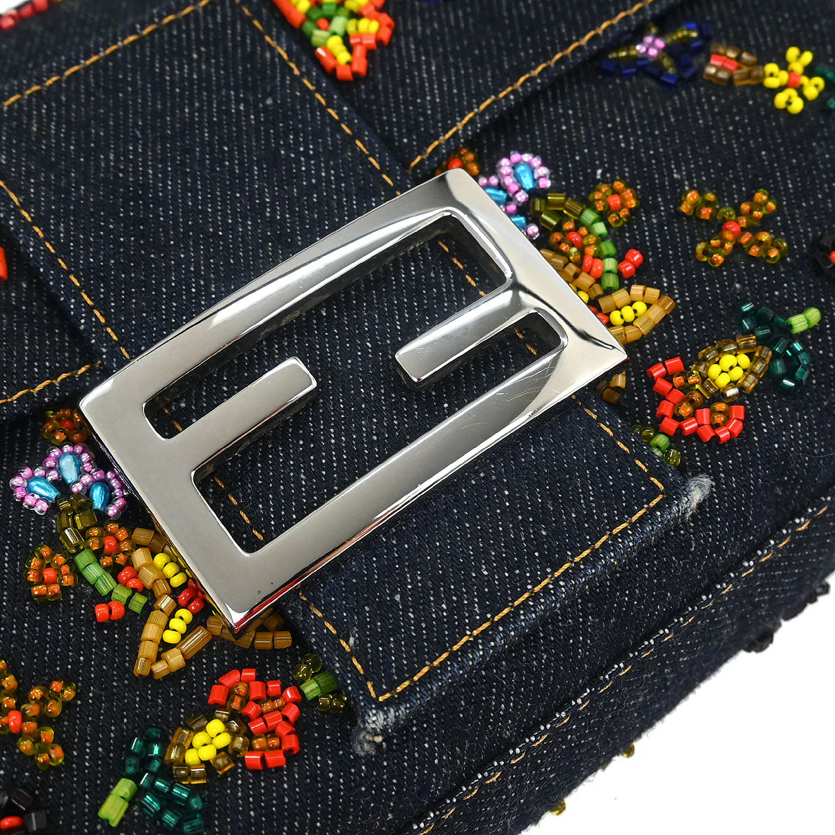 Fendi Navy Denim Beaded Baguette Handbag - Image 4