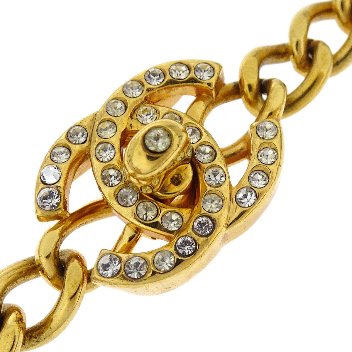Chanel Turnlock Charm Gold Chain Necklace Rhinestone 96A - Image 2