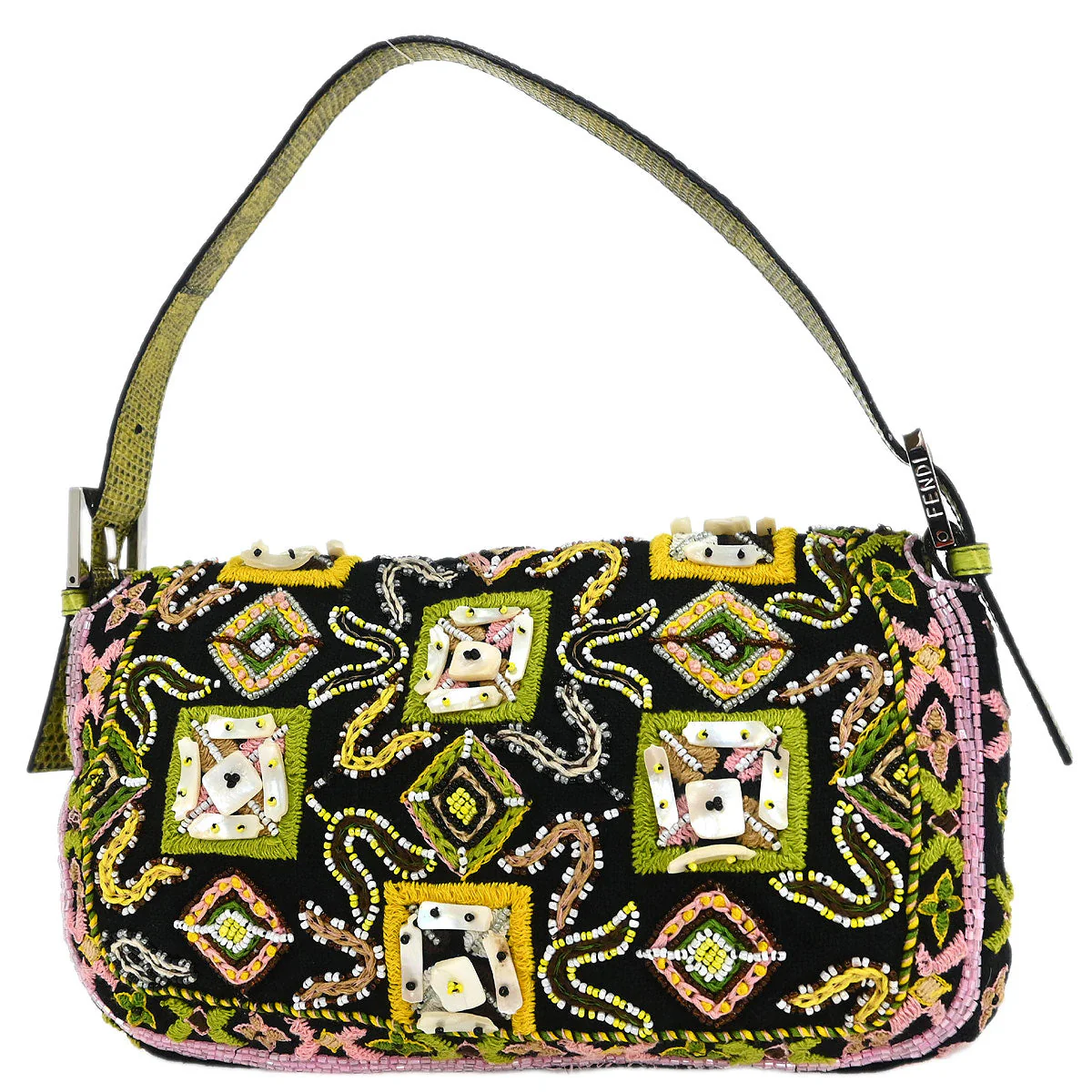 Fendi * Black Lizard Cotton Beaded Baguette Handbag - Image 2