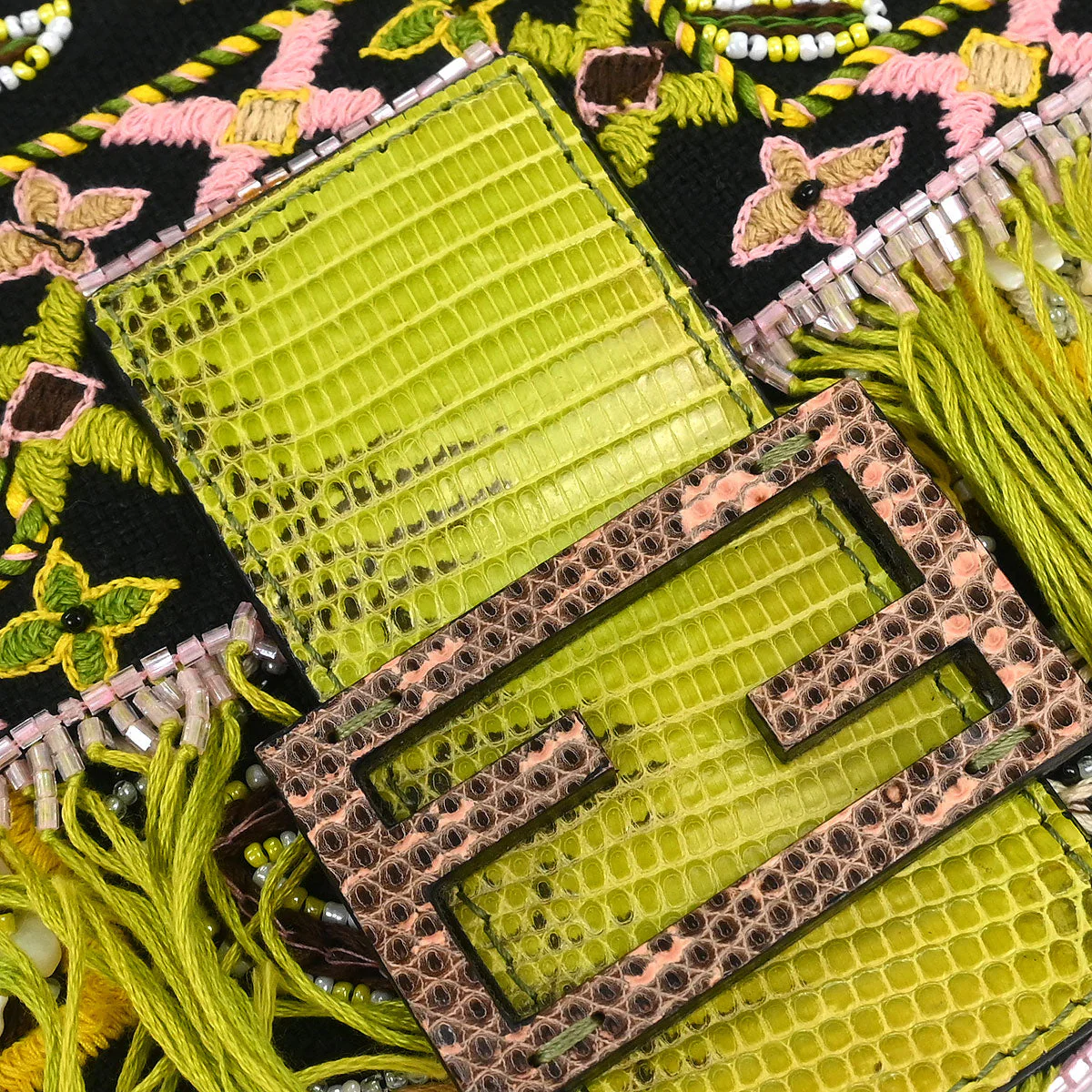 Fendi * Black Lizard Cotton Beaded Baguette Handbag - Image 4