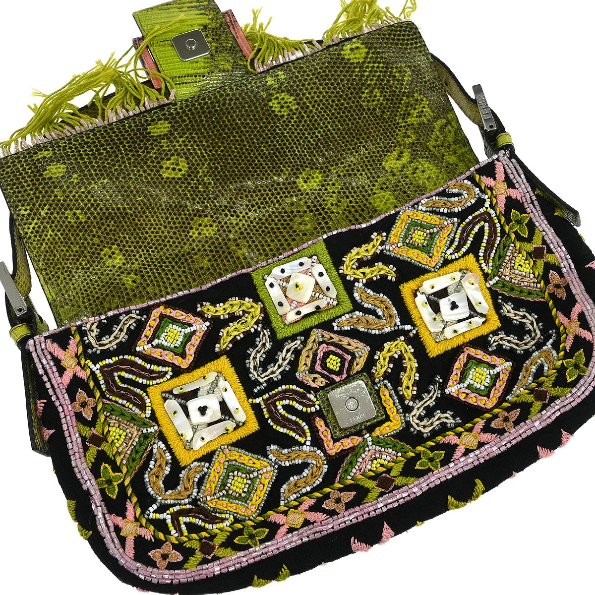 Fendi * Black Lizard Cotton Beaded Baguette Handbag - Image 7