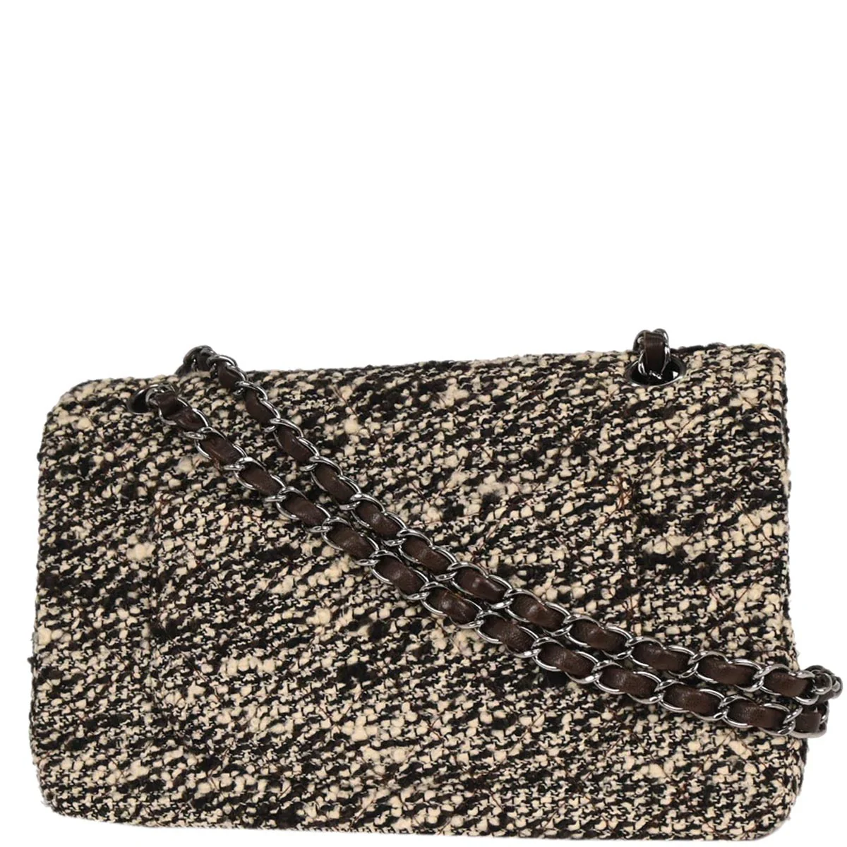 Chanel 2005-2006 Brown Tweed Medium Classic Double Flap Shoulder Bag - Image 2