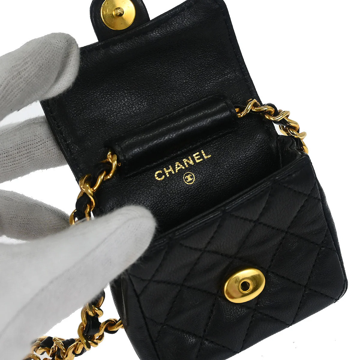 Chanel 1989-1991 Black Lambskin Micro Classic Flap Shoulder Bag Pochette - Image 7