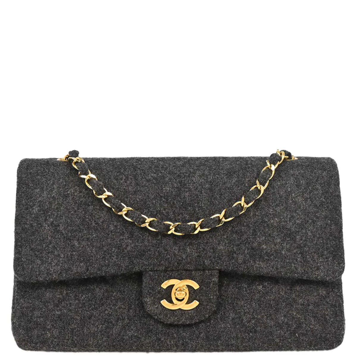 Chanel 1989-1991 Gray Wool Medium Classic Double Flap Shoulder Bag