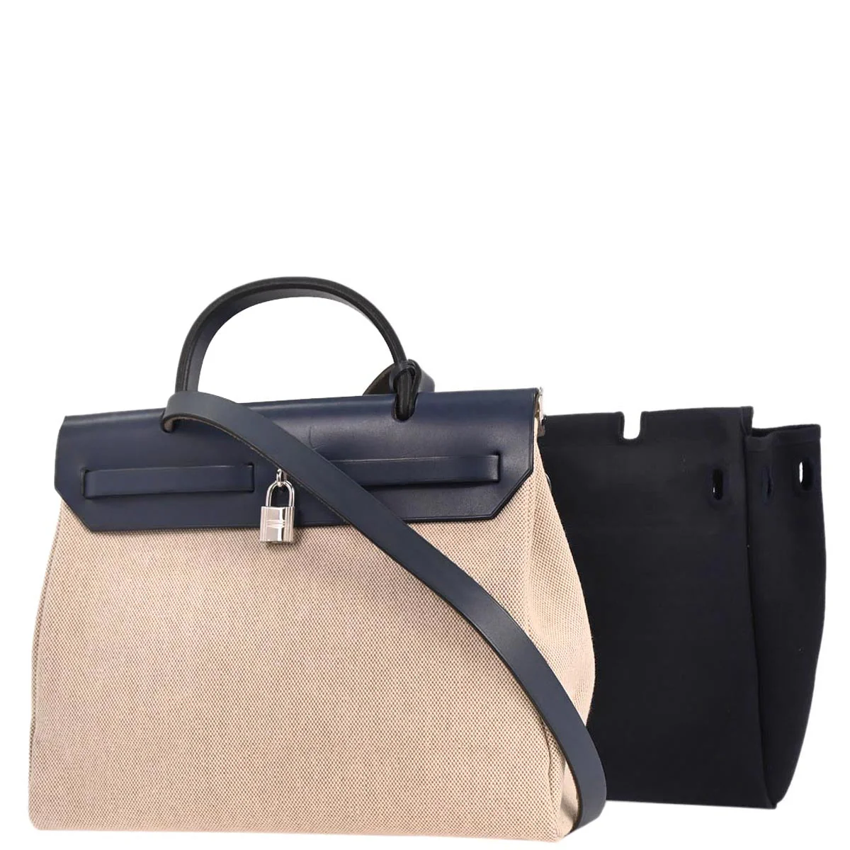Hermes Beige Navy Toile H Officier Herbag PM 2 in 1 Handbag - Image 2