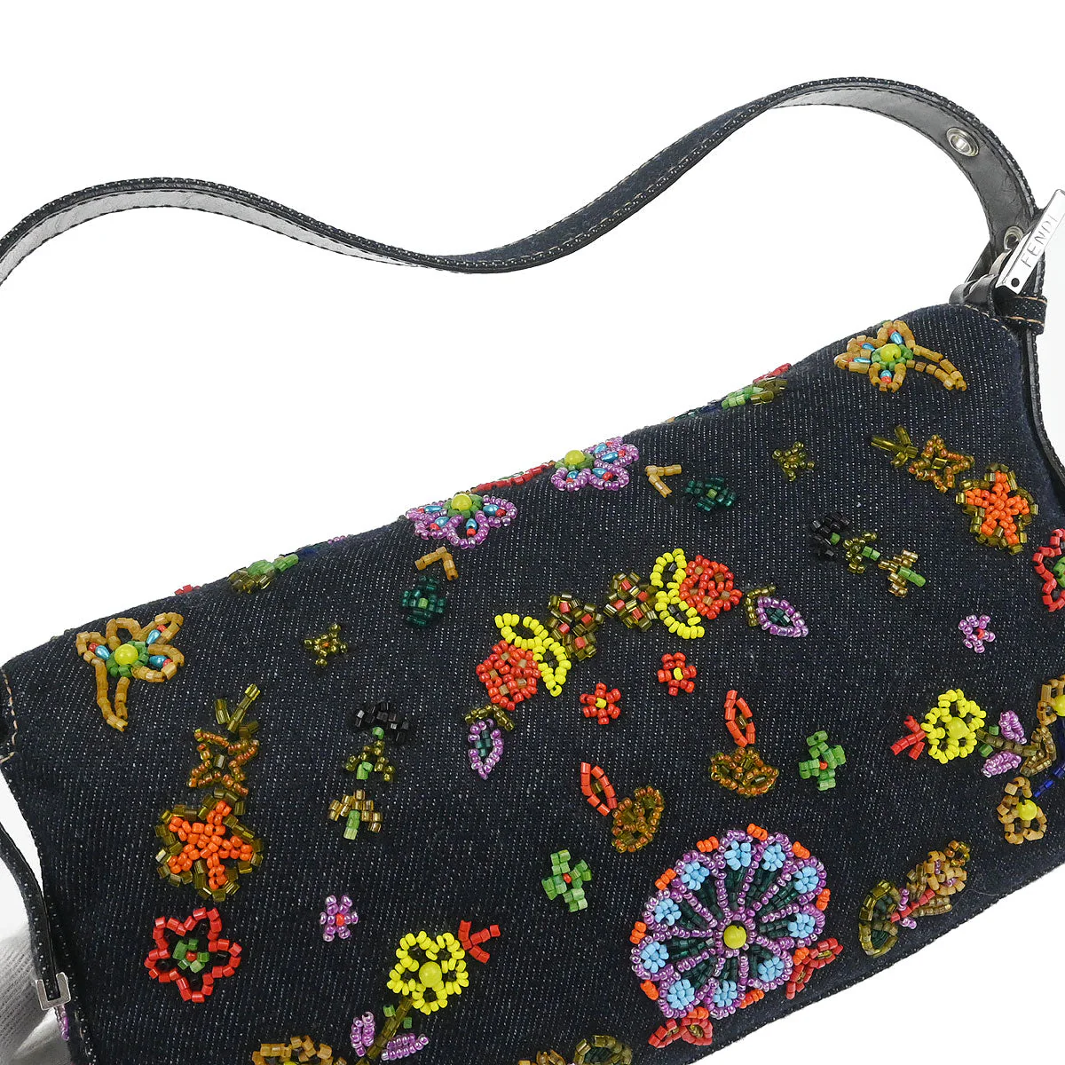 Fendi Navy Denim Beaded Baguette Handbag - Image 5