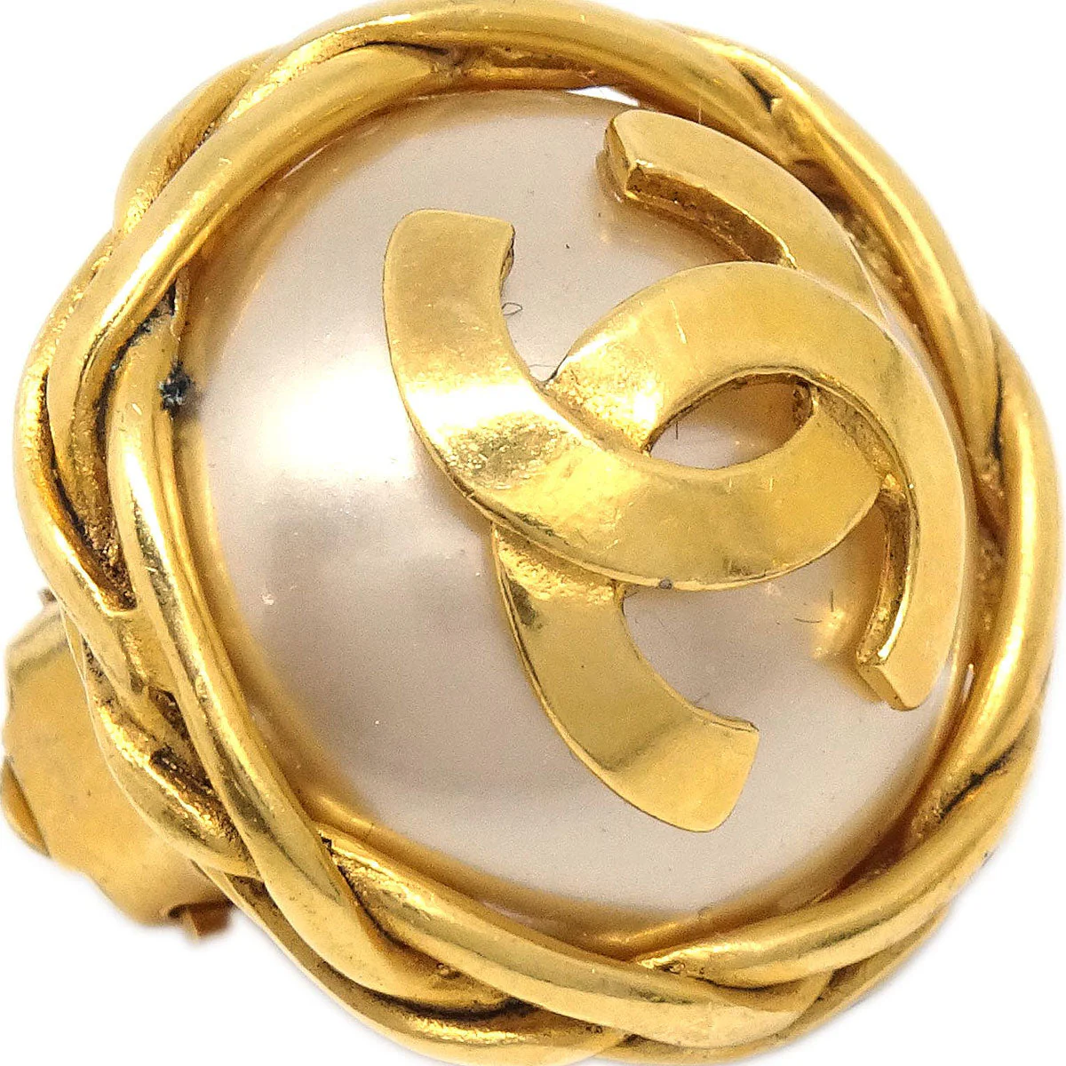 Chanel Button Clip-On Earrings Gold Costume Pearl 95P - Image 2