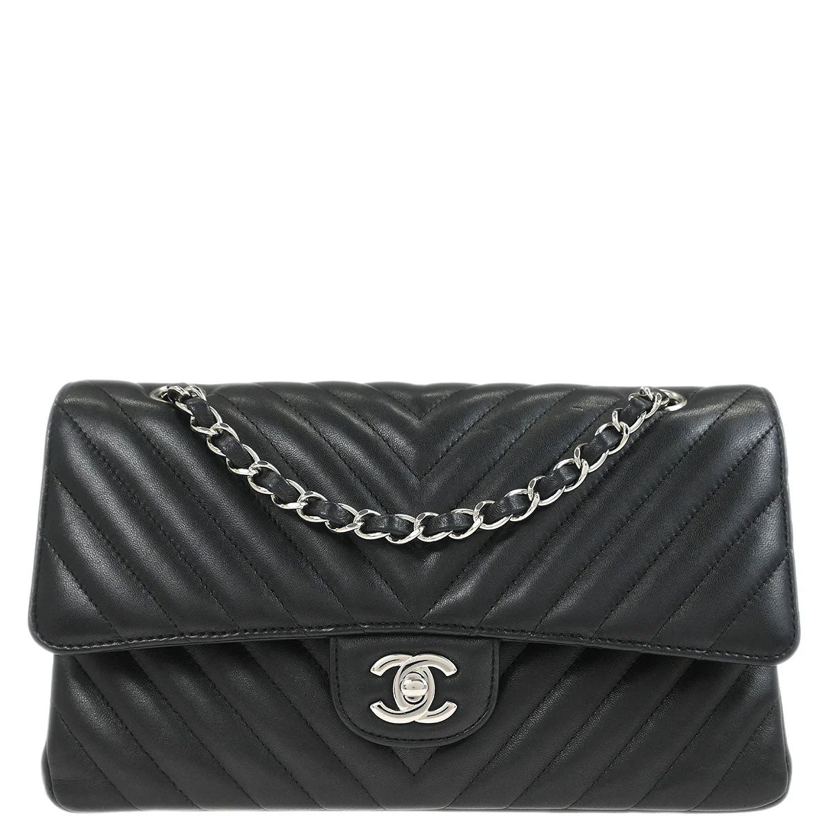 Chanel 2017 Black Lambskin Chevron Medium Classic Double Flap Shoulder Bag