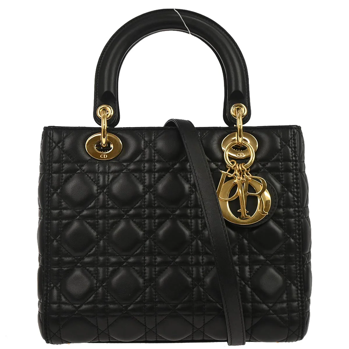 Christian Dior Black Lambskin Lady Dior Cannage 2way Shoulder Handbag