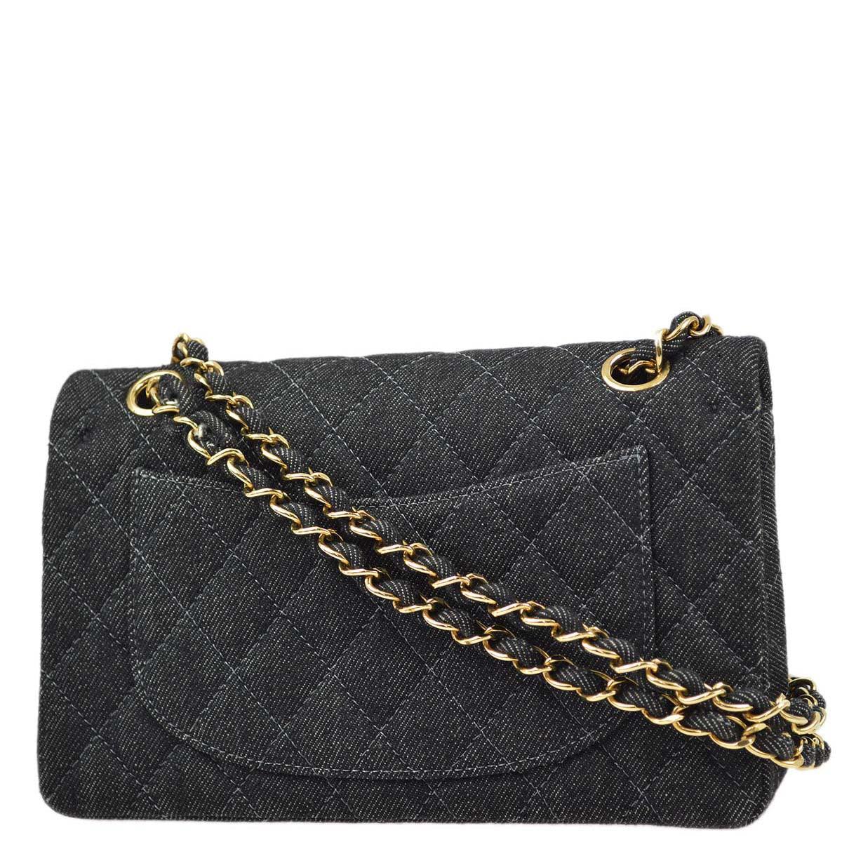 Chanel * 1997-1999 Black Denim Small Classic Double Flap Shoulder Bag - Image 2