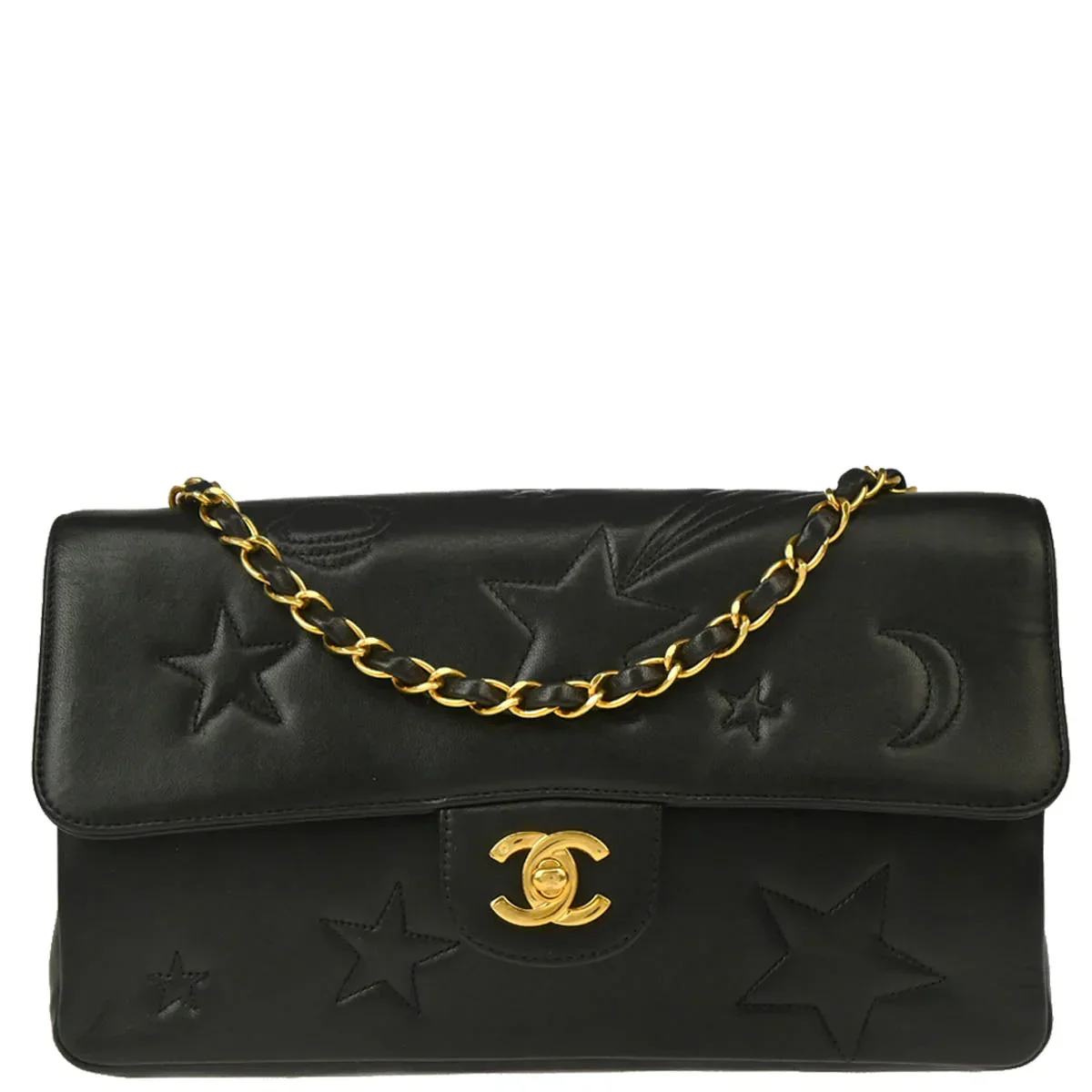 Chanel 1994-1996 Black Lambskin Star Stitch Classic Single Flap Medium