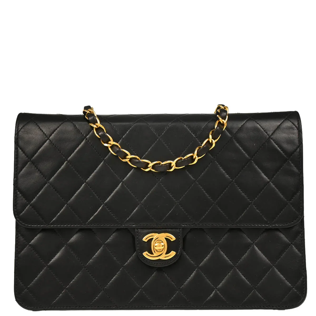 Chanel 1997–1999 Black Lambskin Turnlock Medium Half Flap Shoulder Bag