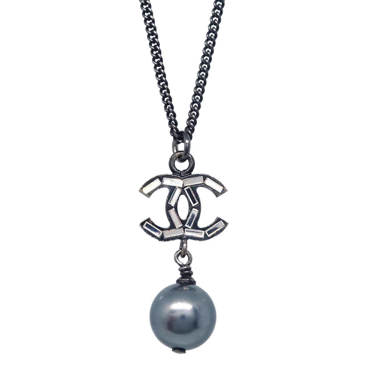 Chanel CC Chain Necklace Pendant Rhinestone Costume Pearl Black 10A