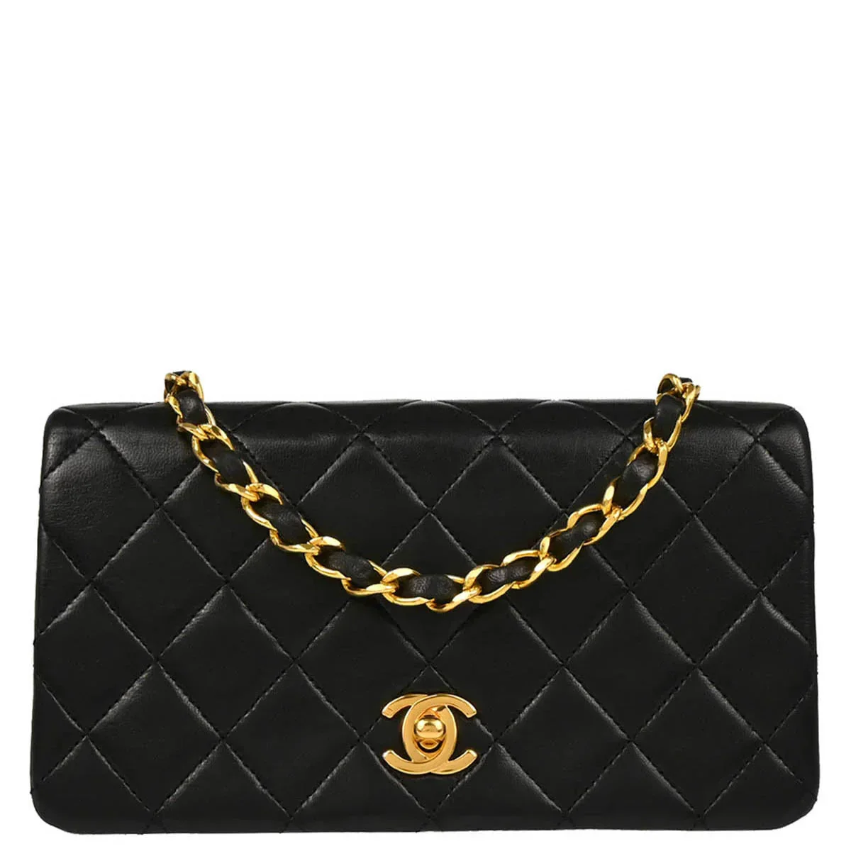 Chanel 1989-1991 Black Lambskin Turnlock Mini Full Flap Shoulder Bag