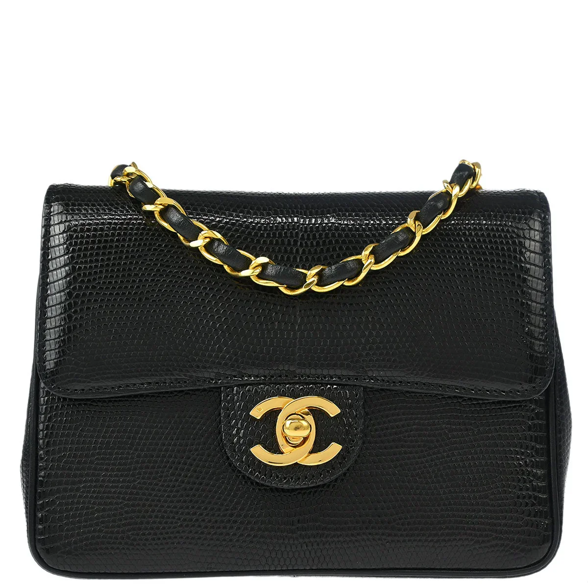 Chanel 1989-1991 * Black Lizard Mini Classic Square Flap Shoulder Bag