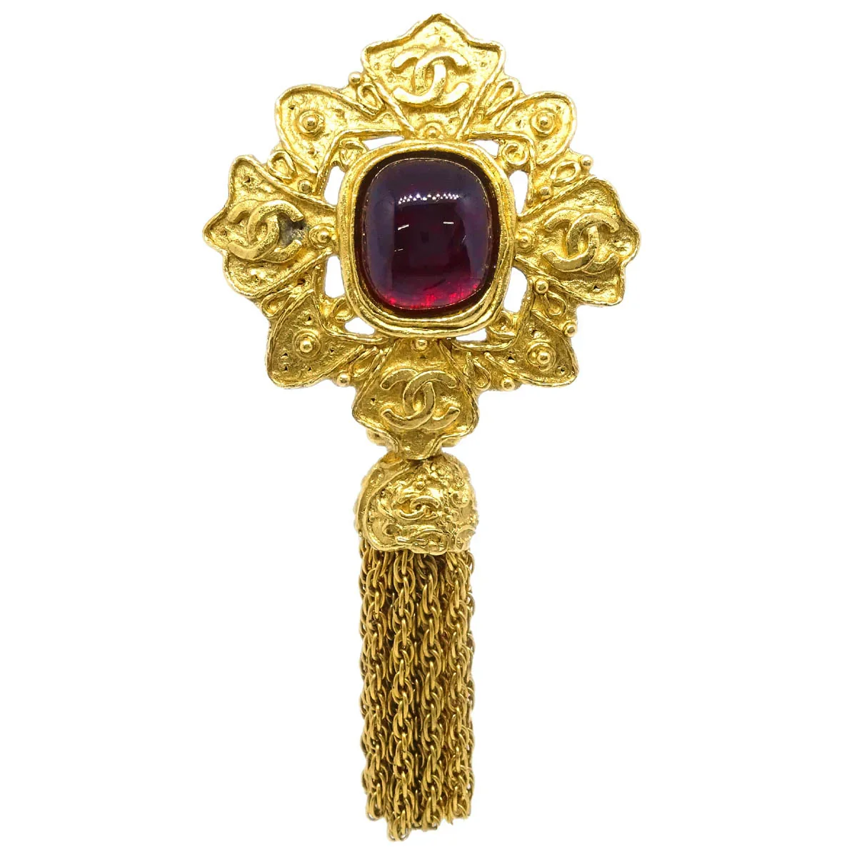Chanel Gripoix Brooch Pin Gold Red Fringe 94A