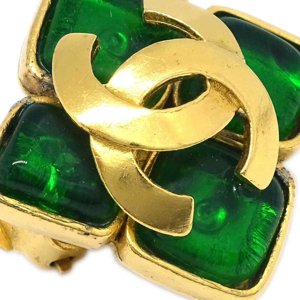 Chanel Gripoix Rhombus Earrings Clip-On Gold Green 95P - Image 2