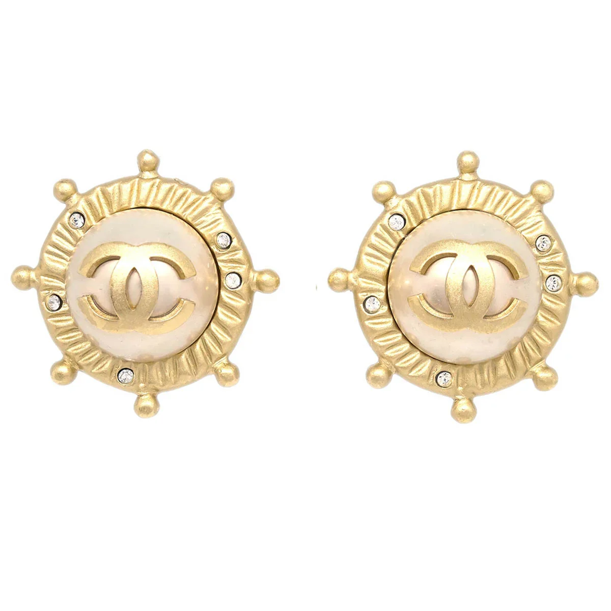 Chanel Gold Button Earrings Clip-On Rhinestone Costume Pearl 05A