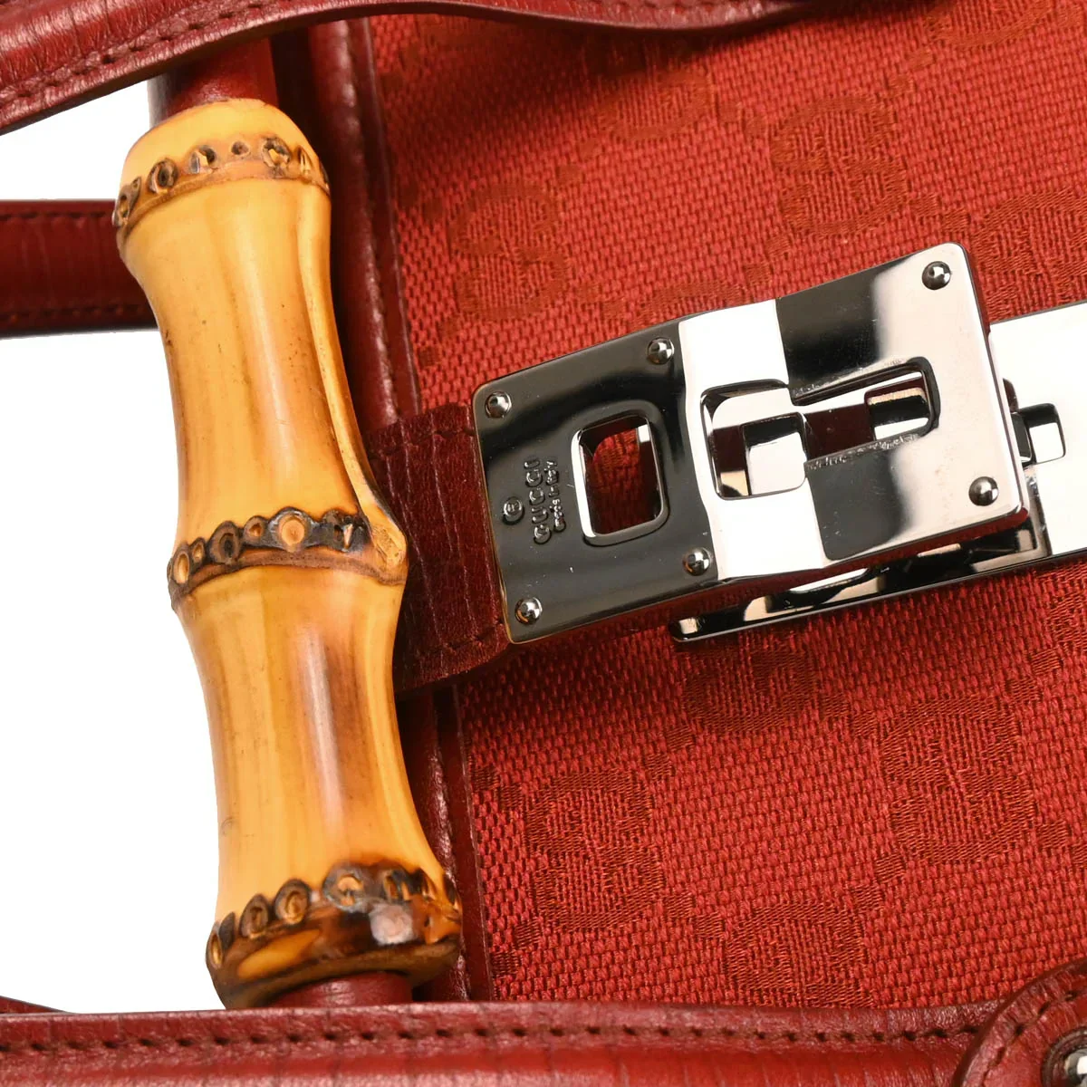 Gucci Red GG Bamboo Handbag - Image 6