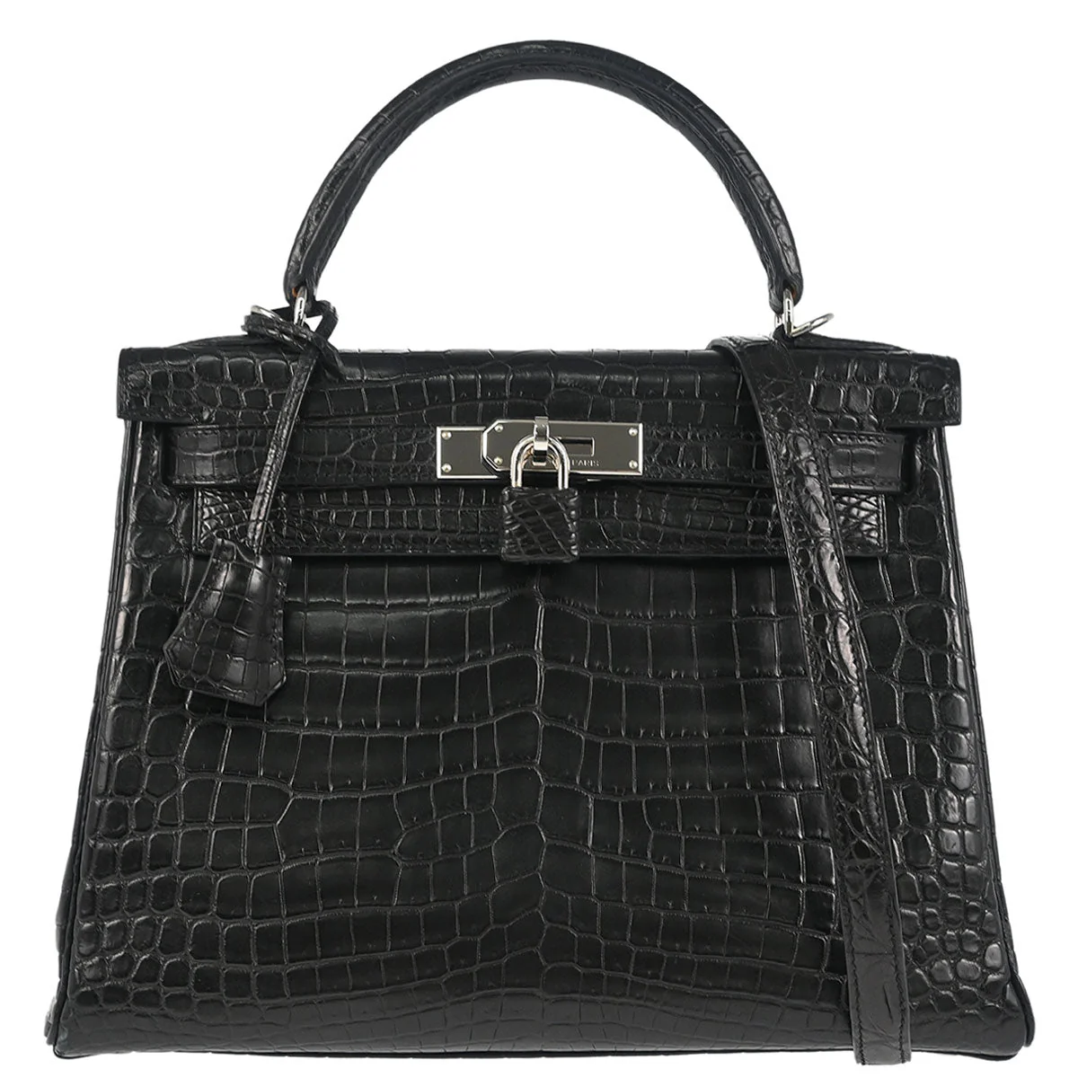 Hermes * 2008 Black Matt Niloticus Kelly 28 Retourne 2way Shoulder Handbag