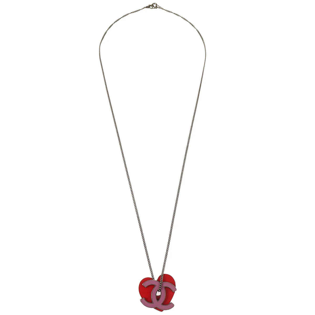 Chanel CC Heart Chain Necklace Silver Pink 04P - Image 2
