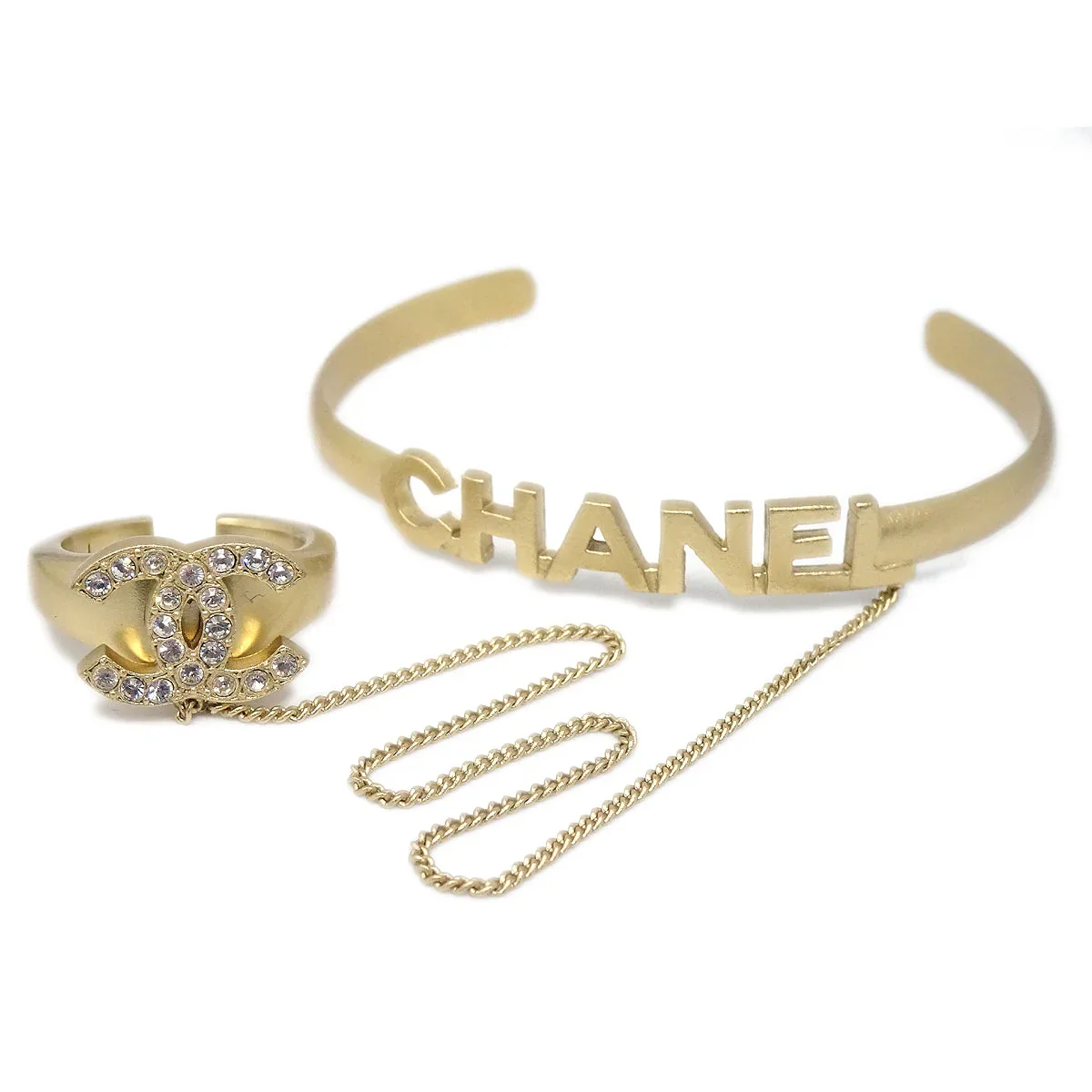 Chanel Bangle Chain Ring Rhinestone #52 Gold 01C