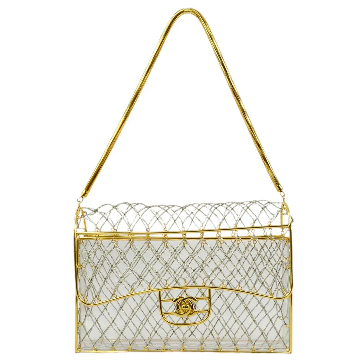 Chanel * Clear Cage Bag in Lucite with Beading, Gold Tone Frame and Chain Strap