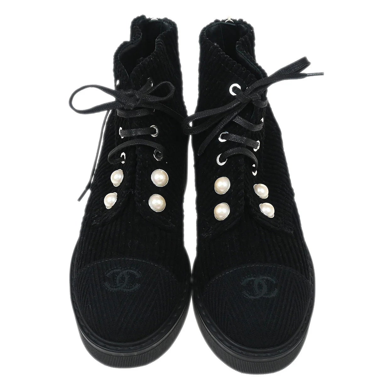 Chanel * Black Corduroy Lace Up Boots #35 - Image 2
