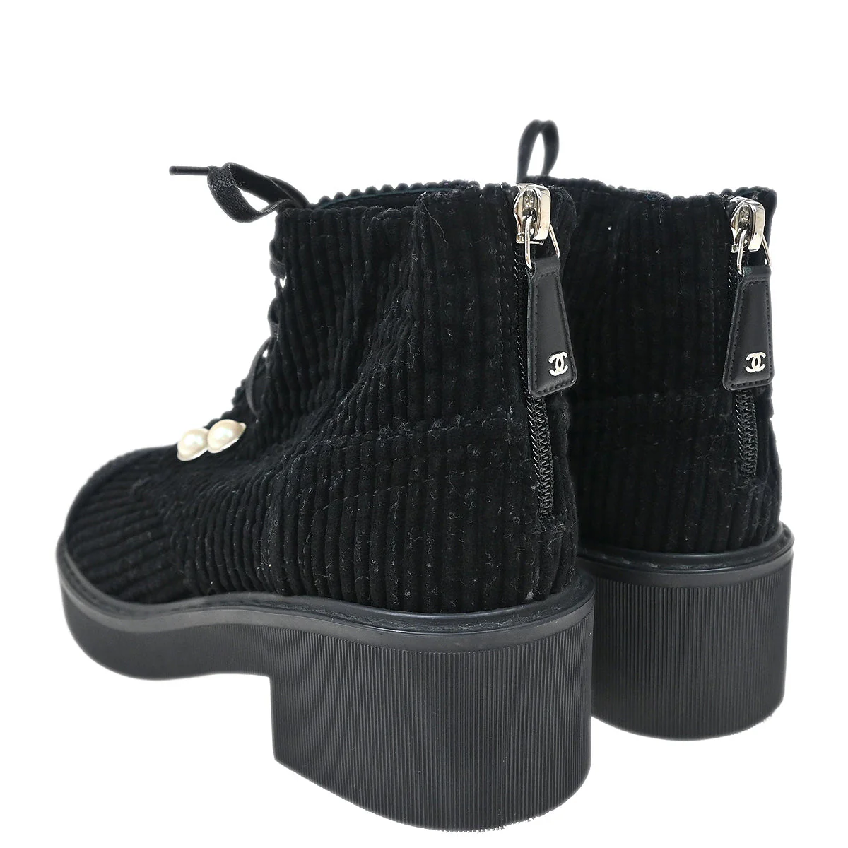 Chanel * Black Corduroy Lace Up Boots #35 - Image 3