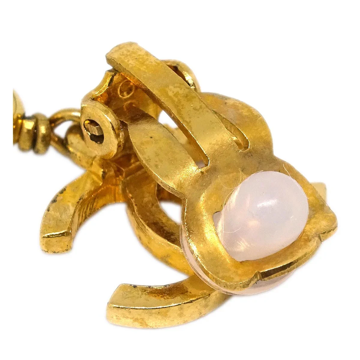 Chanel CC Costume Pearl Dangle Earrings Clip-On Gold 96P - Image 3