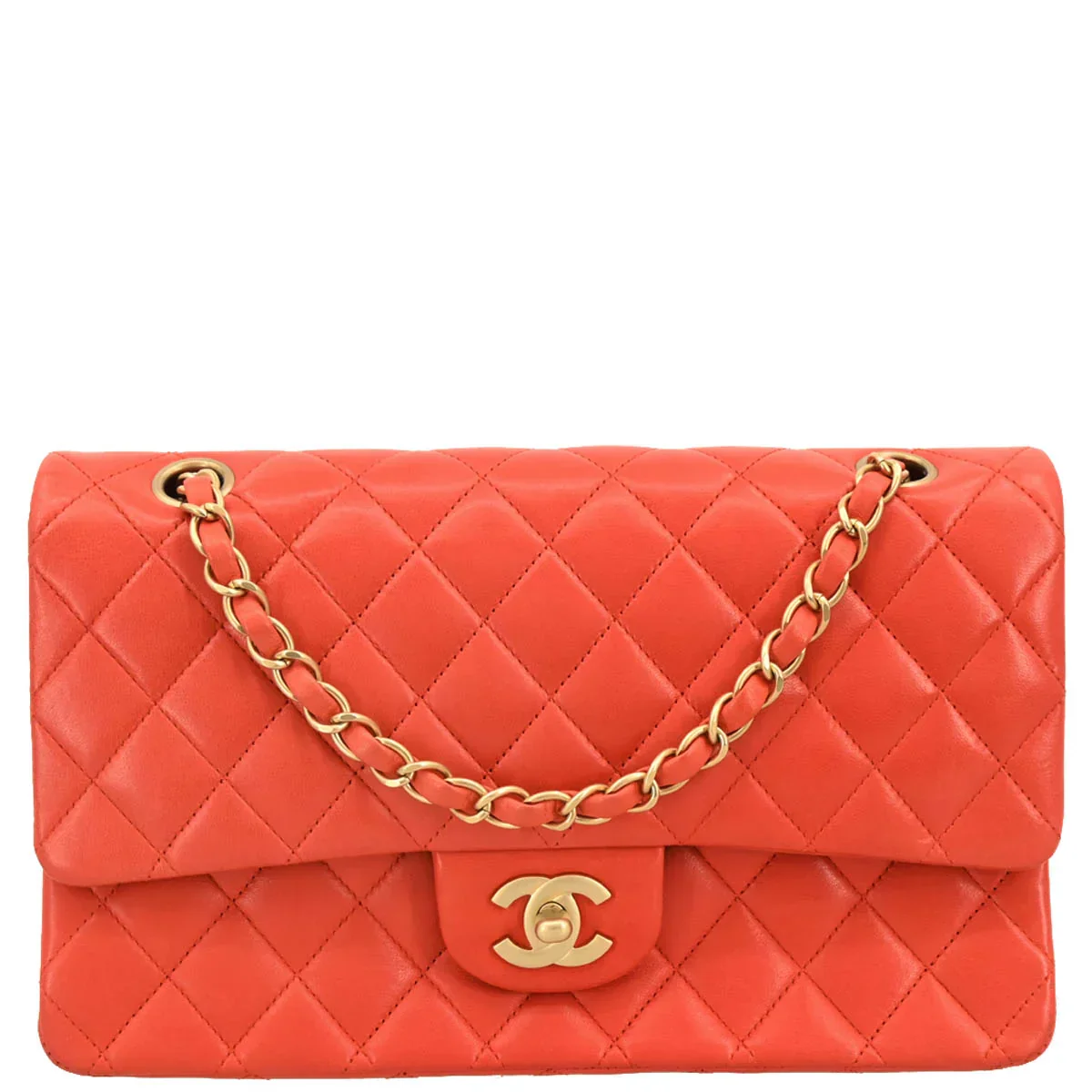 Chanel Orange Lambskin Medium Classic Double Flap Shoulder Bag