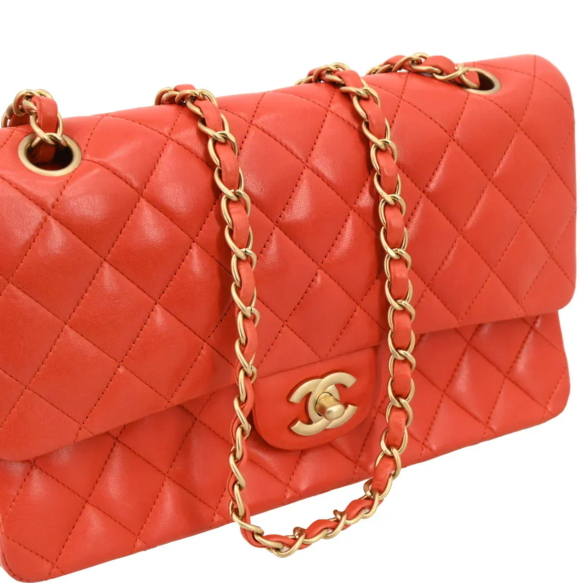 Chanel Orange Lambskin Medium Classic Double Flap Shoulder Bag - Image 3