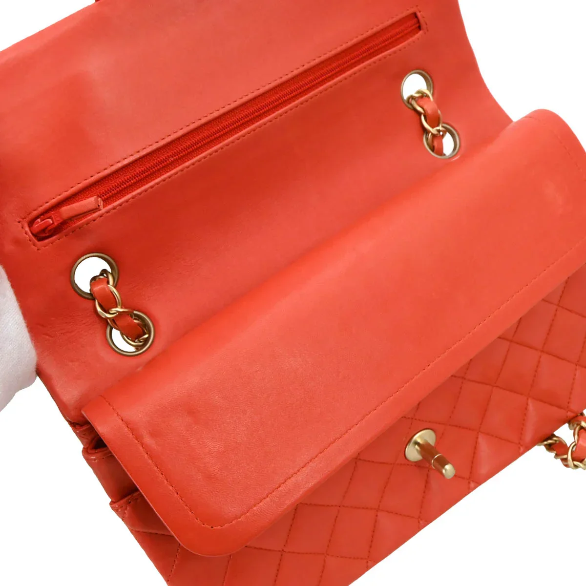 Chanel Orange Lambskin Medium Classic Double Flap Shoulder Bag - Image 7