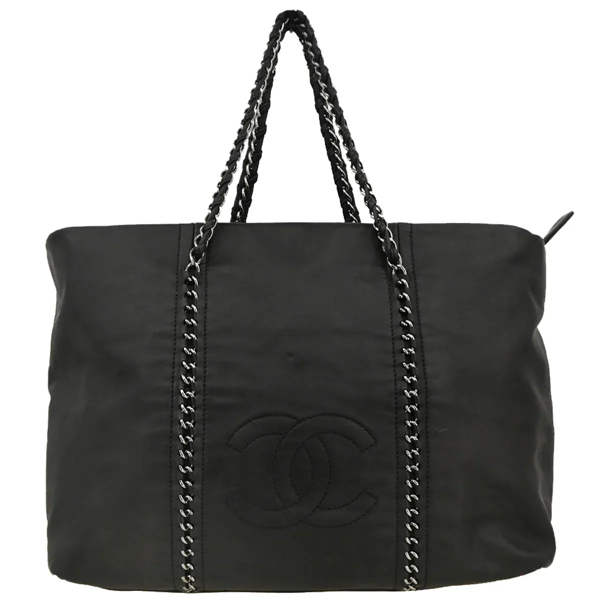 Chanel Black Calfskin Luxury Line Chain Tote Handbag