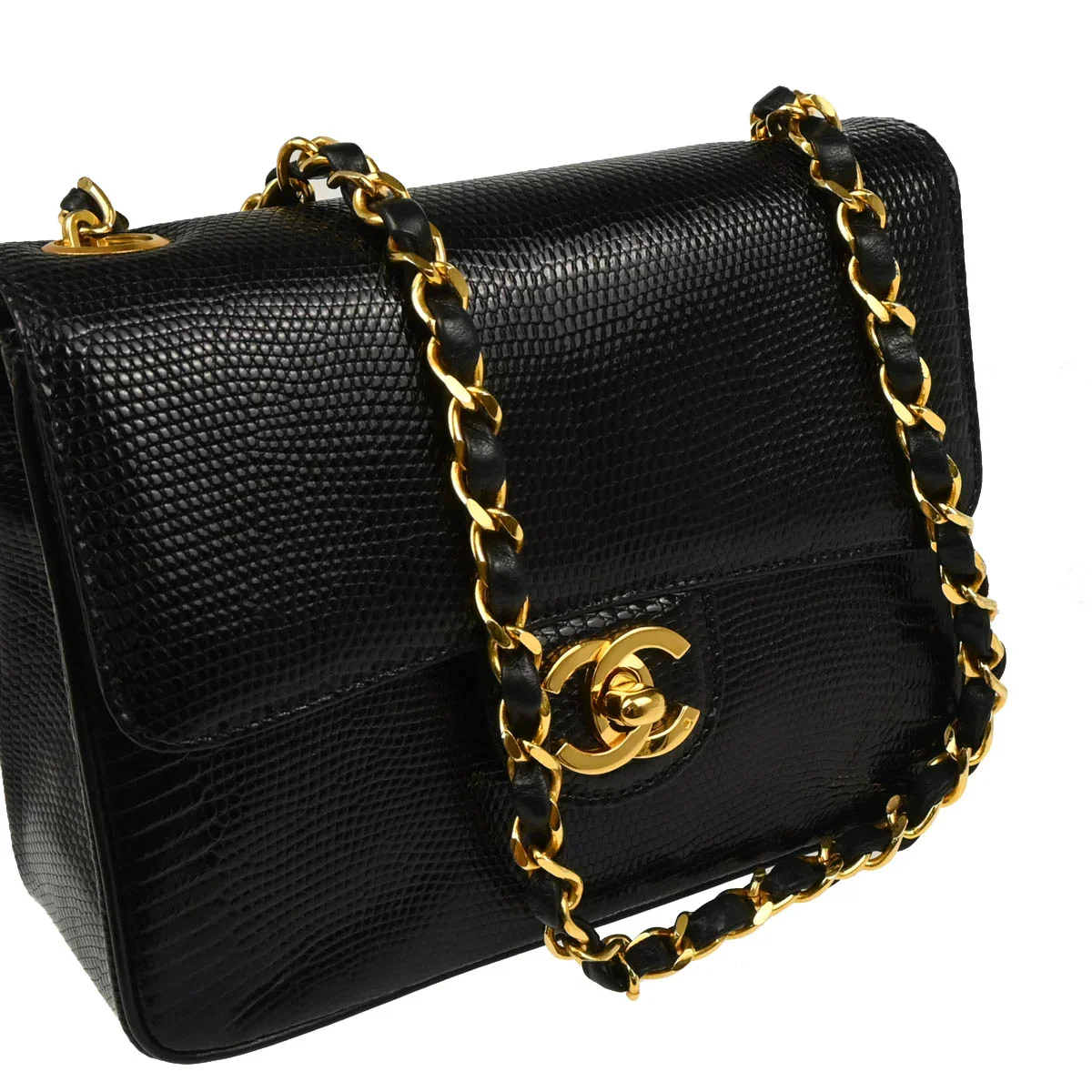 Chanel * 1986-1988 Black Lizard Mini Classic Square Flap Shoulder Bag - Image 3