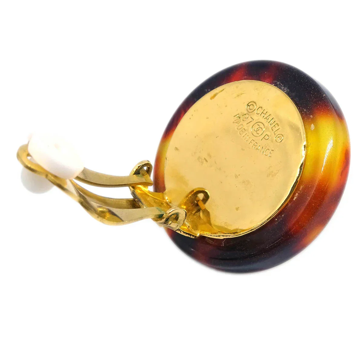 Chanel Earrings Clip-On Button Costume Pearl Gold 97P - Image 4