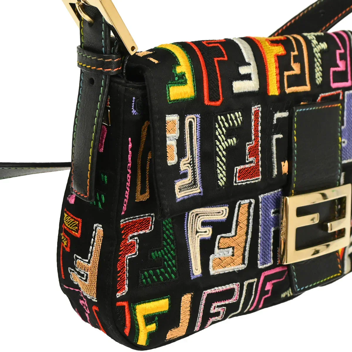 Fendi 2009 Black Satin Zucca Embroidered Baguette Handbag - Image 4