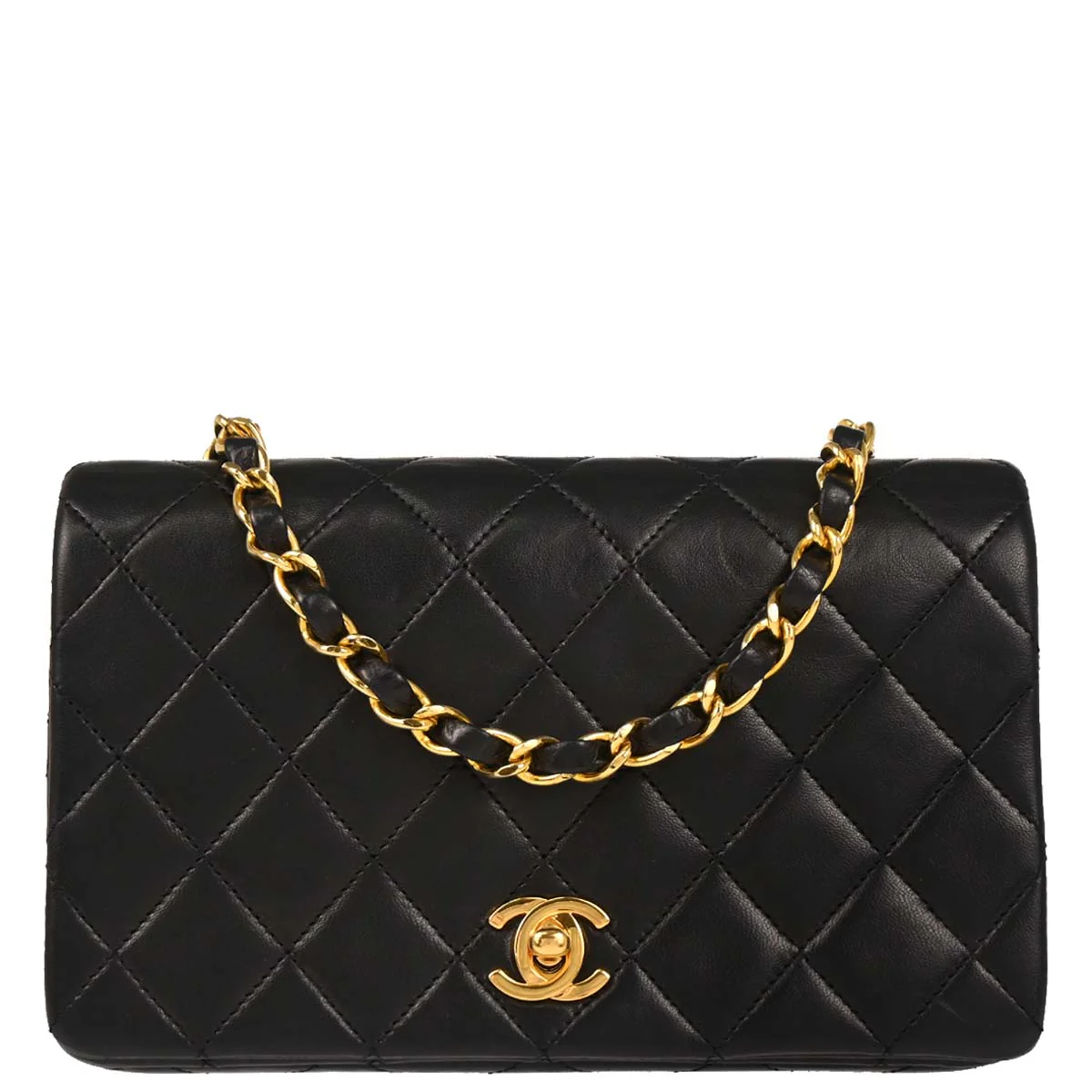 Chanel 1989-1991 Black Lambskin Turnlock Mini Full Flap Shoulder Bag