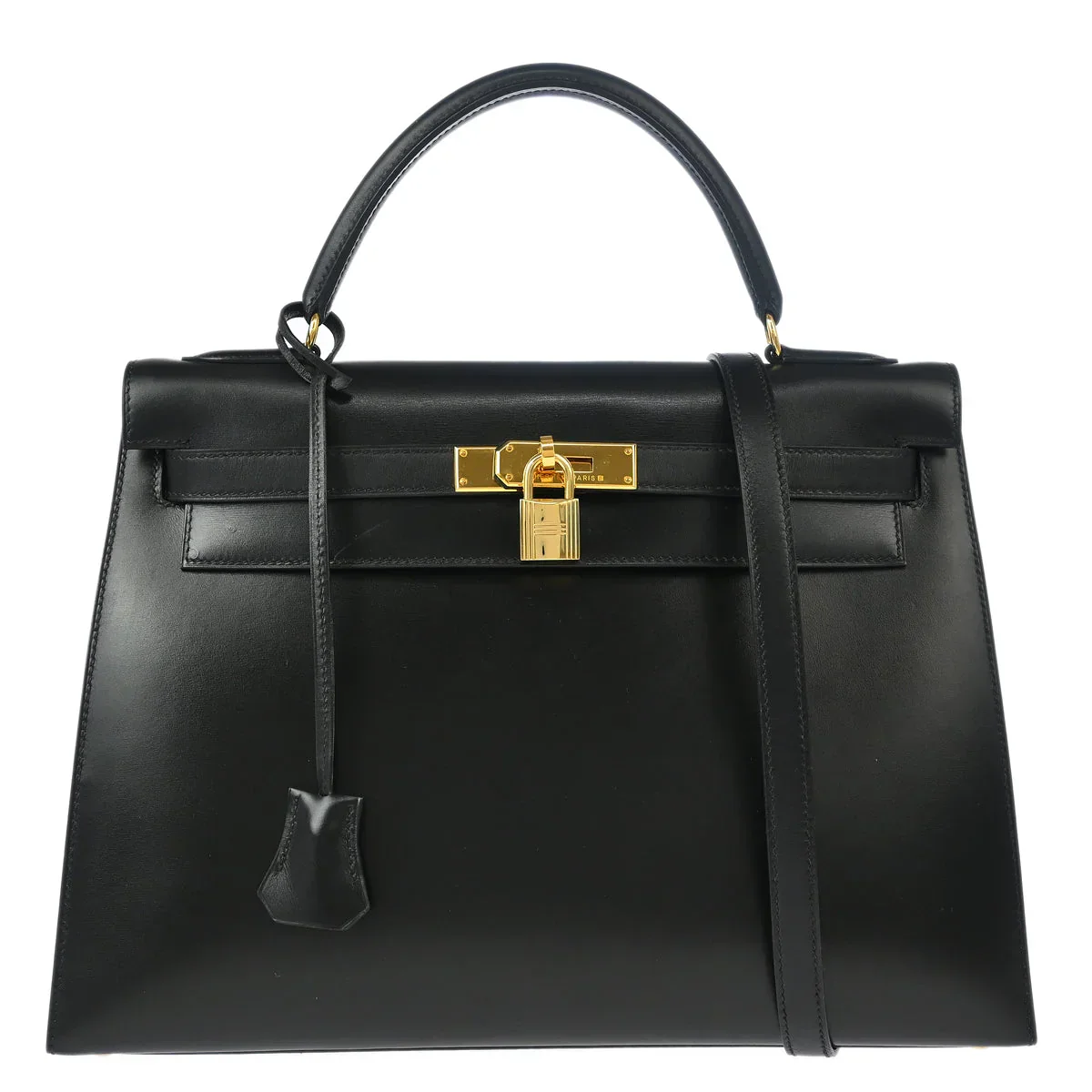 Hermes 1996 Black Box Calf Kelly 32 Sellier Handbag