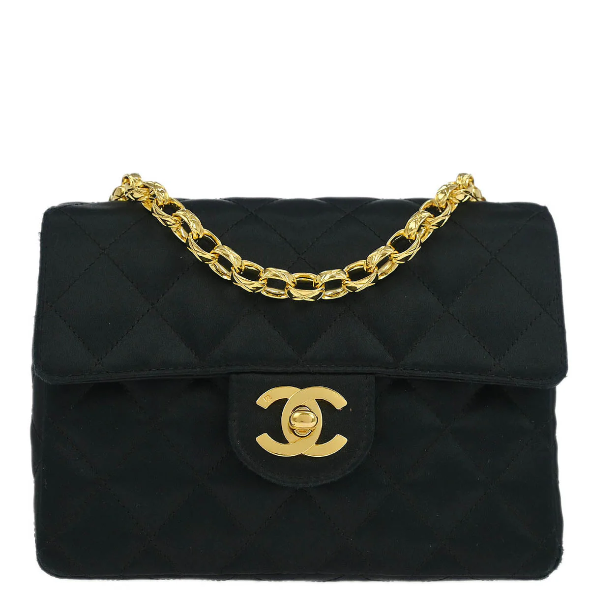 Chanel 1989-1991 Black Satin Mini Classic Square Flap Shoulder Bag