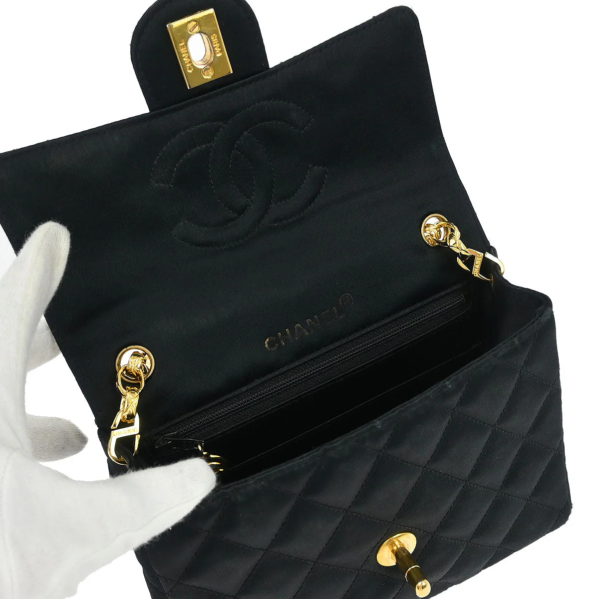 Chanel 1989-1991 Black Satin Mini Classic Square Flap Shoulder Bag - Image 7